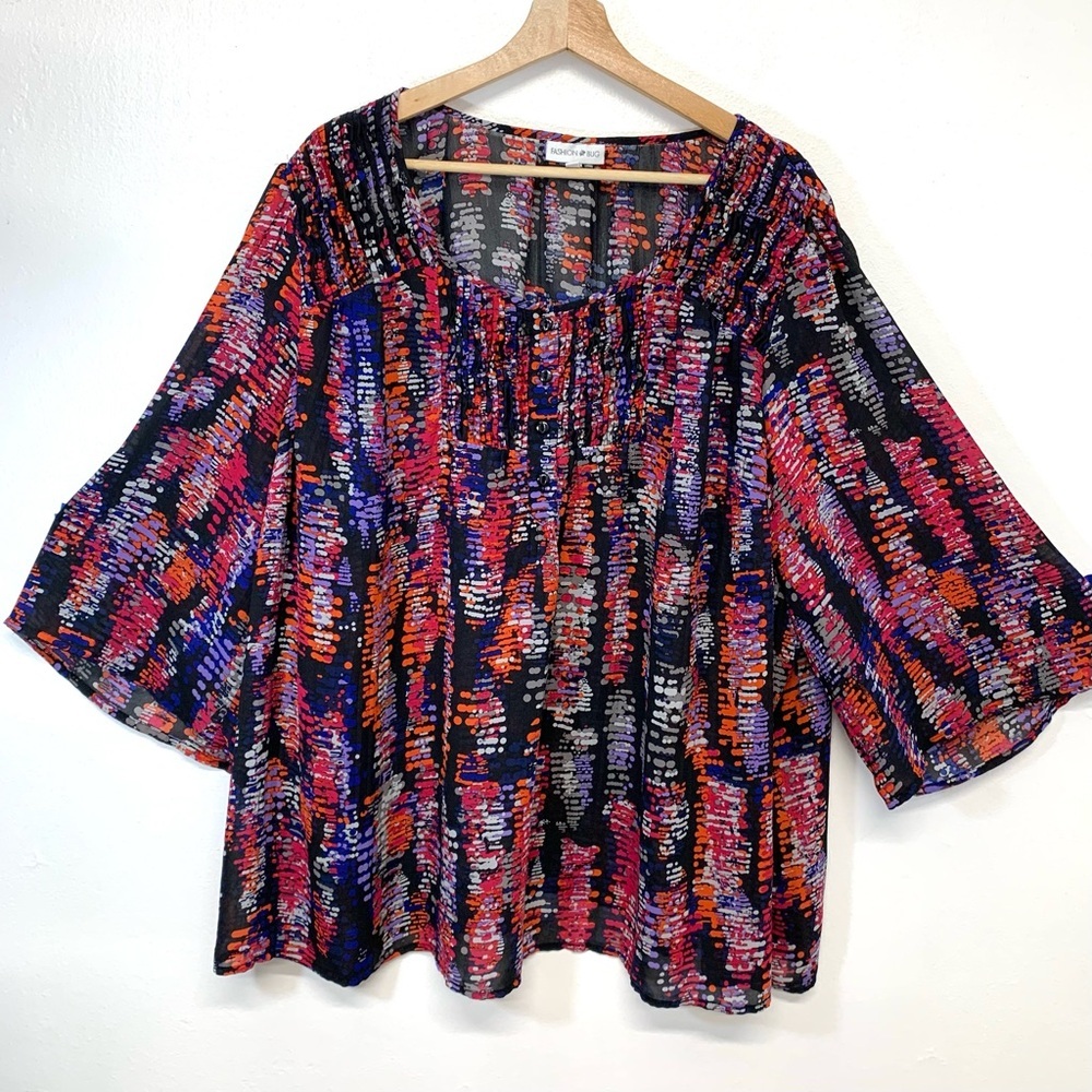 Vtg Fashion‎ Bug Blouse 2X Pop Over  Geometric 3/4 Sleeve Casual Office Light
